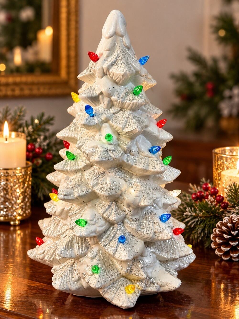 Vintage JAIMY Ceramic Christmas Tree 16.5” White Glitter Lighted Multicolor